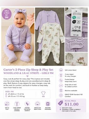 Carter's Lilac Stripe & Woodland Footed 2-Piece Pajama Set